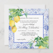Blauwe witte Tegel Lemon Floral Citrus Foliage Rus Kaart (Voorkant)