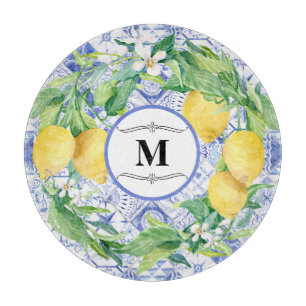 Blauwe witte Tegel Lemon Wreate  Farmhouse Art Snijplank