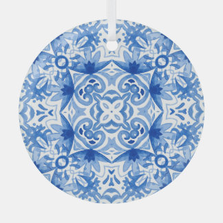 Blauwe witte tegel, waterverf naadloos patroon. glas ornament