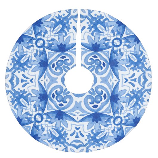 Blauwe witte tegel, waterverf naadloos patroon. kerstboom rok (Voorkant)