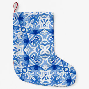 Blauwe witte tegel, waterverf naadloos patroon. kleine kerstsok