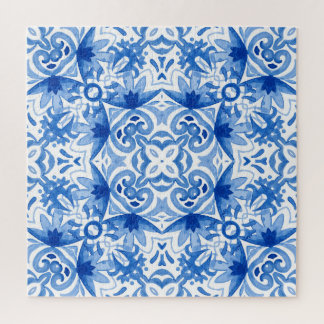Blauwe witte tegel, waterverf naadloos patroon. legpuzzel