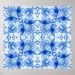 Blauwe witte tegel, waterverf naadloos patroon. poster