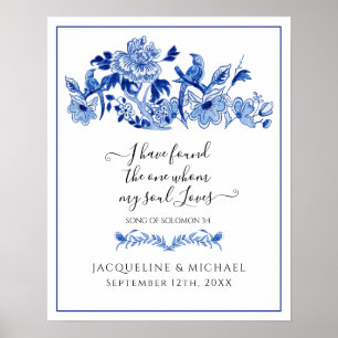 Blauwe witte Tortelduifjes China Floral Welcome We Poster