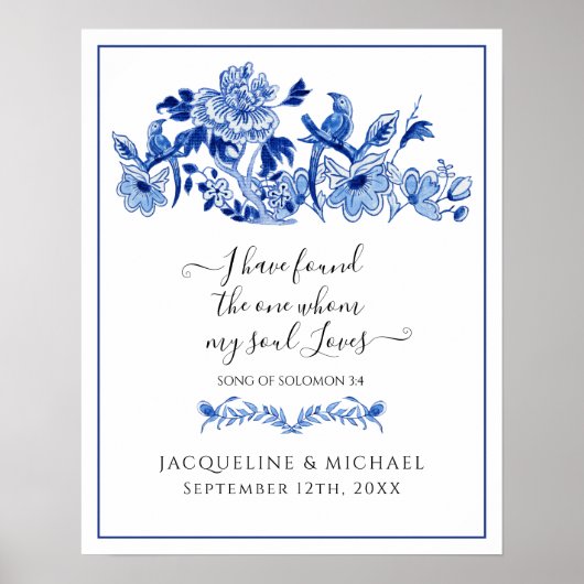 Blauwe witte Tortelduifjes China Floral Welcome We Poster (Voorkant)