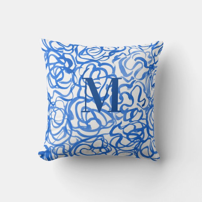 Blauwe witte, unieke Waterverf Kussen (Voorkant)