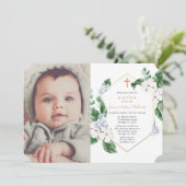 Blauwe witte veer bloemen goudjongen baptisfoto kaart (Staand voorkant)