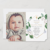 Blauwe witte veer bloemen goudjongen baptisfoto kaart (Voorkant)