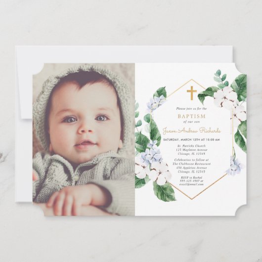 Blauwe witte veer bloemen goudjongen baptisfoto kaart (Voorkant)