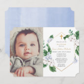 Blauwe witte veer bloemen goudjongen baptisfoto kaart (Voorkant / Achterkant)
