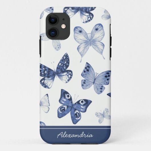 Blauwe & Witte Vlinder Monogram Case-Mate iPhone Case (Achterkant)