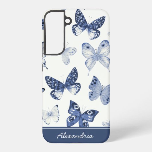 Blauwe & Witte Vlinder Monogram Samsung Galaxy Hoesje (Achterkant)