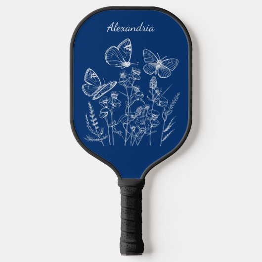 Blauwe & Witte Vlinders in Wildbloemen Monogram Pickleball Paddle (Voorkant)