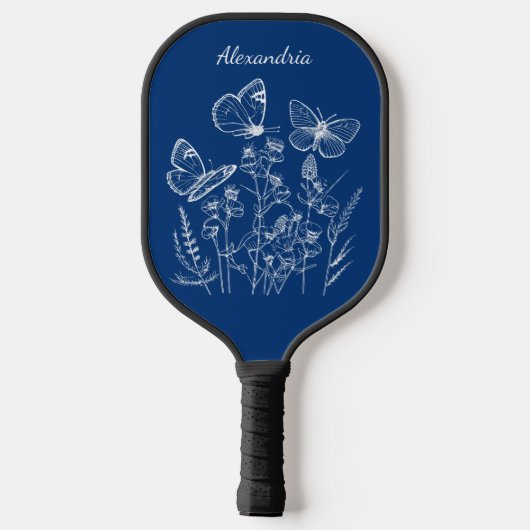 Blauwe & Witte Vlinders in Wildbloemen Monogram Pickleball Paddle (Achterkant)