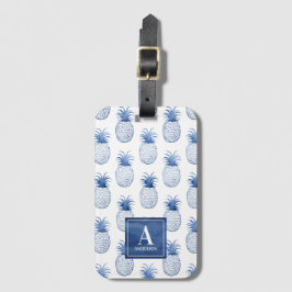 Blauwe witte Waterverf ananas Bagagelabel