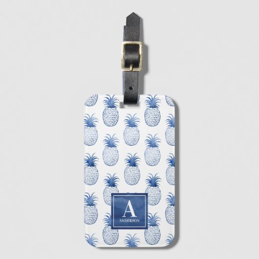 Blauwe witte Waterverf ananas Bagagelabel (Voorkant (verticaal))