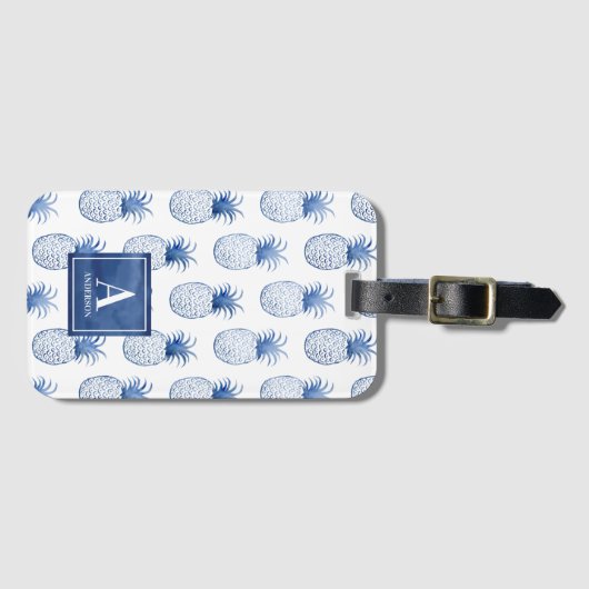Blauwe witte Waterverf ananas Bagagelabel (Voorkant (horizontaal))