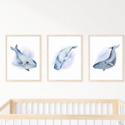 Blauwe witte Waterverf Baleen Humpback Whale Poster