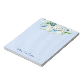 Blauwe witte Waterverf Floral Aangepast monogram Notitieblok