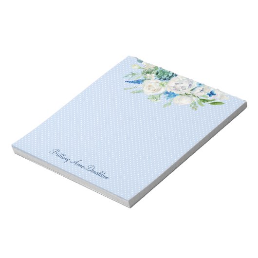 Blauwe witte Waterverf Floral Aangepast monogram Notitieblok (Linkerzijde)