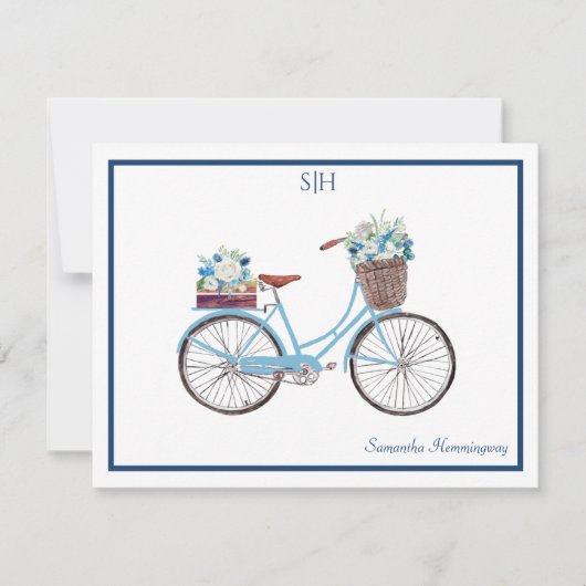 Blauwe witte Waterverf Floral Bicycle Monogram Naa Notitiekaartje (Voorkant)