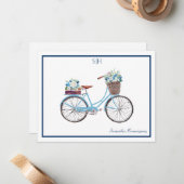 Blauwe witte Waterverf Floral Bicycle Monogram Naa Notitiekaartje (Voorkant / Achterkant in situ)