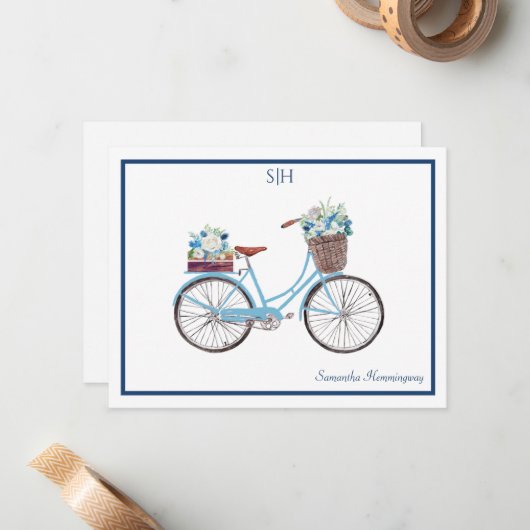 Blauwe witte Waterverf Floral Bicycle Monogram Naa Notitiekaartje (Voorkant / Achterkant in situ)