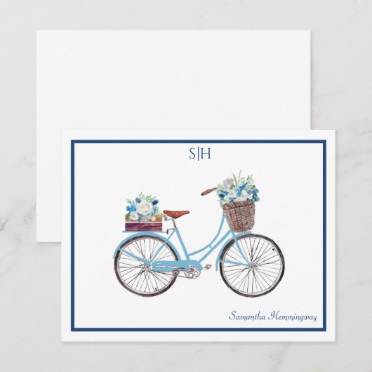 Blauwe witte Waterverf Floral Bicycle Monogram Naa Notitiekaartje (Voorkant / Achterkant)