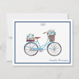 Blauwe witte Waterverf Floral Bicycle Monogram Naa Notitiekaartje