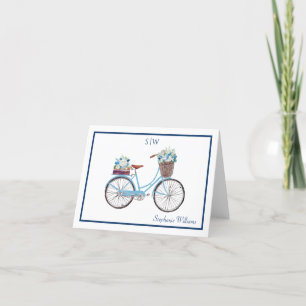 Blauwe witte Waterverf Floral Bicycle Name Monogra Bedankkaart