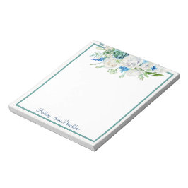Blauwe witte Waterverf Floral Name personaliseren Notitieblok