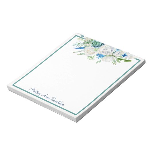 Blauwe witte Waterverf Floral Name personaliseren Notitieblok (Linkerzijde)