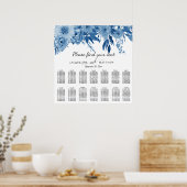 Blauwe witte Waterverf Floral Wedding Seating Char Poster (Keuken)