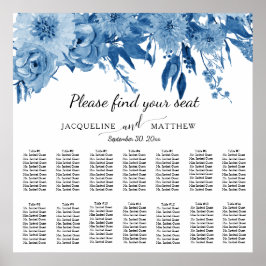 Blauwe witte Waterverf Floral Wedding Seating Char Poster