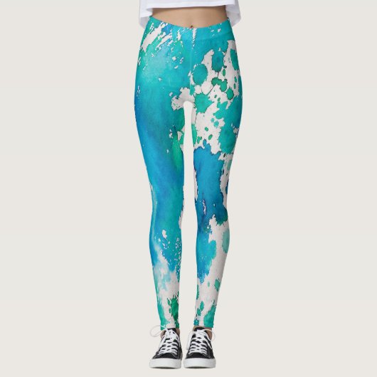 Blauwe witte waterverf leggings (Voorkant)