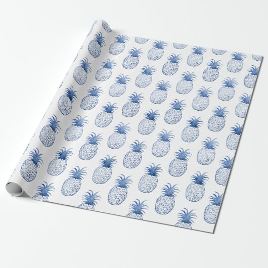 Blauwe witte Waterverf Tropische ananas Cadeaupapier (Uitgerold)