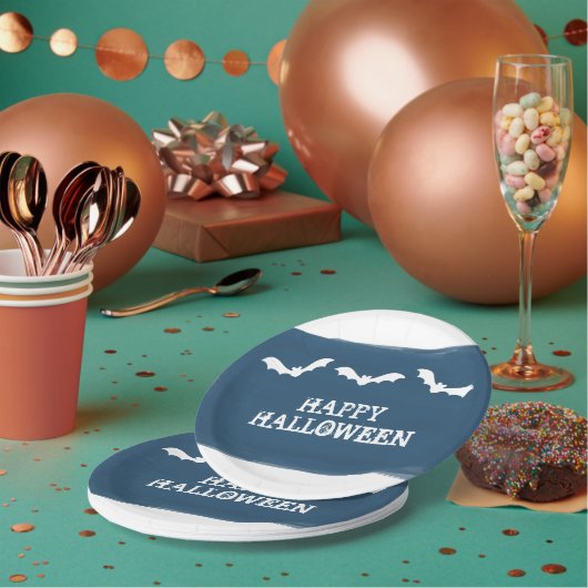 Blauwe witte Waterverf vleermuizen Halloween Papieren Bordje (Multi)