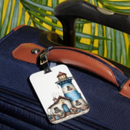 BLAUWE & WITTE WHIMSICALE ZOMERVUURTOREN BAGAGELABEL