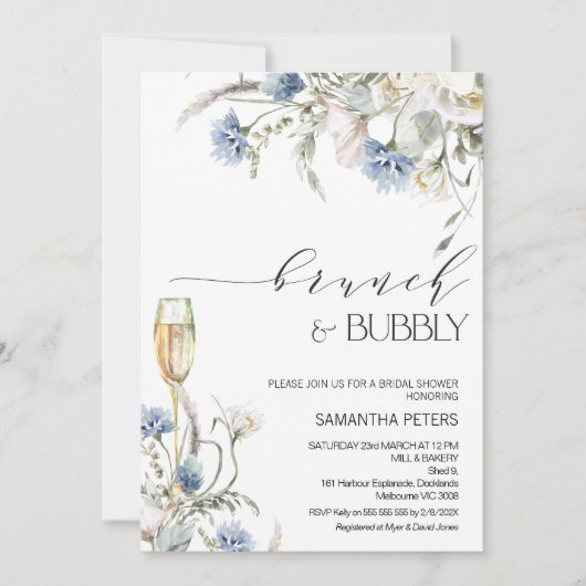 Blauwe witte wilde bloemen Brunch Bubble Vrijgezel Kaart (Voorkant)