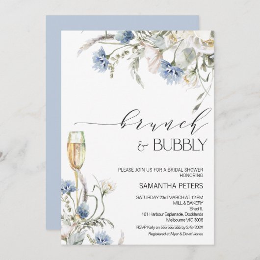 Blauwe witte wilde bloemen Brunch Bubble Vrijgezel Kaart (Voorkant / Achterkant)