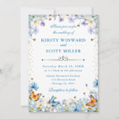 Blauwe Witte Wilde Bloemen & Vlinders Bruiloft Kaart (Voorkant)