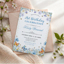 Blauwe Witte Wilde Bloemen & Vlinders Verjaardag Kaart