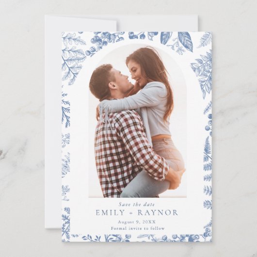 Blauwe Witte Willow Bloemen Foto Bruiloft Save The Date (Voorkant)