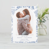 Blauwe Witte Willow Bloemen Foto Bruiloft Save The Date (Staand voorkant)