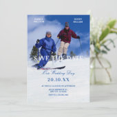 Blauwe witte winter ski huwelijksfoto  save the date (Staand voorkant)