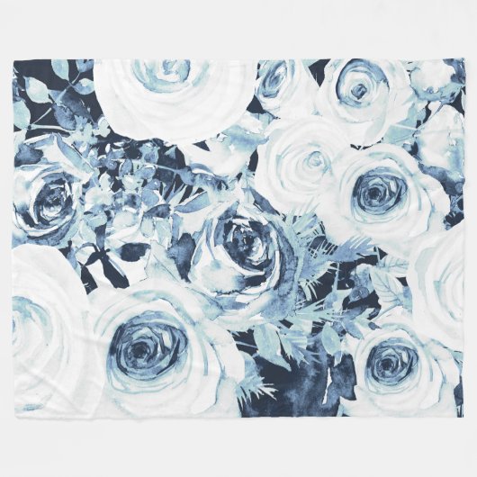 Blauwe Witte WinterFloral Rozen  Shabby Chic Fleece Deken (Voorkant (Horizontaal))