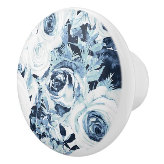 Blauwe Witte WinterFloral Rozen  Shabby Chic Keramische Knop (Rechts)