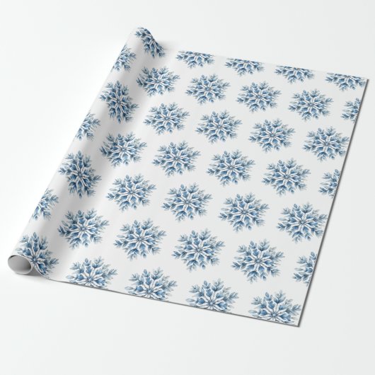 Blauwe witte wintersneeuwvlokken cadeaupapier (Uitgerold)
