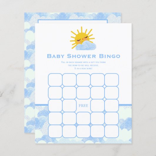 Blauwe witte wolken & Sun Baby shower Bingo Game (Voorkant / Achterkant)