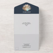 Blauwe witte zeeschelp parel oceaan golven chic all in one uitnodiging (Buitenkant)